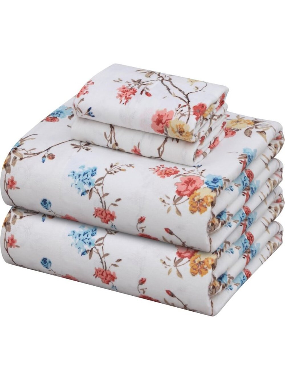 100% Cotton Flannel Queen Sheets Set - Soft, Cozy, Floral Design, 4 Pieces